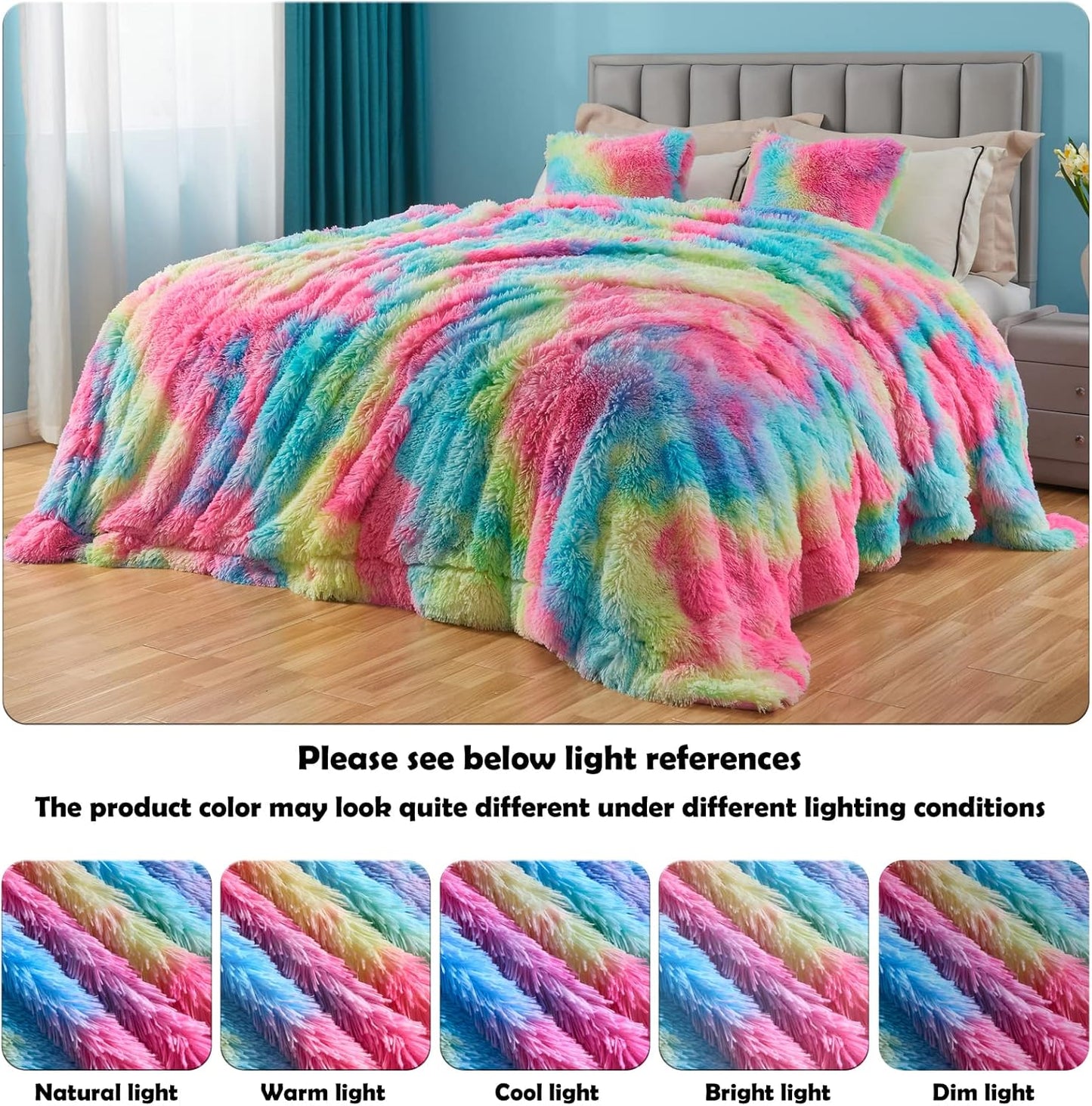 GONAAP Fuzzy Faux Fur Throw Blanket Queen Size Dark Rainbow Super Soft Cozy Plush Fuzzy Shaggy Blanket for Couch Sofa Bed (Dark Rainbow, Queen(90"x90"))