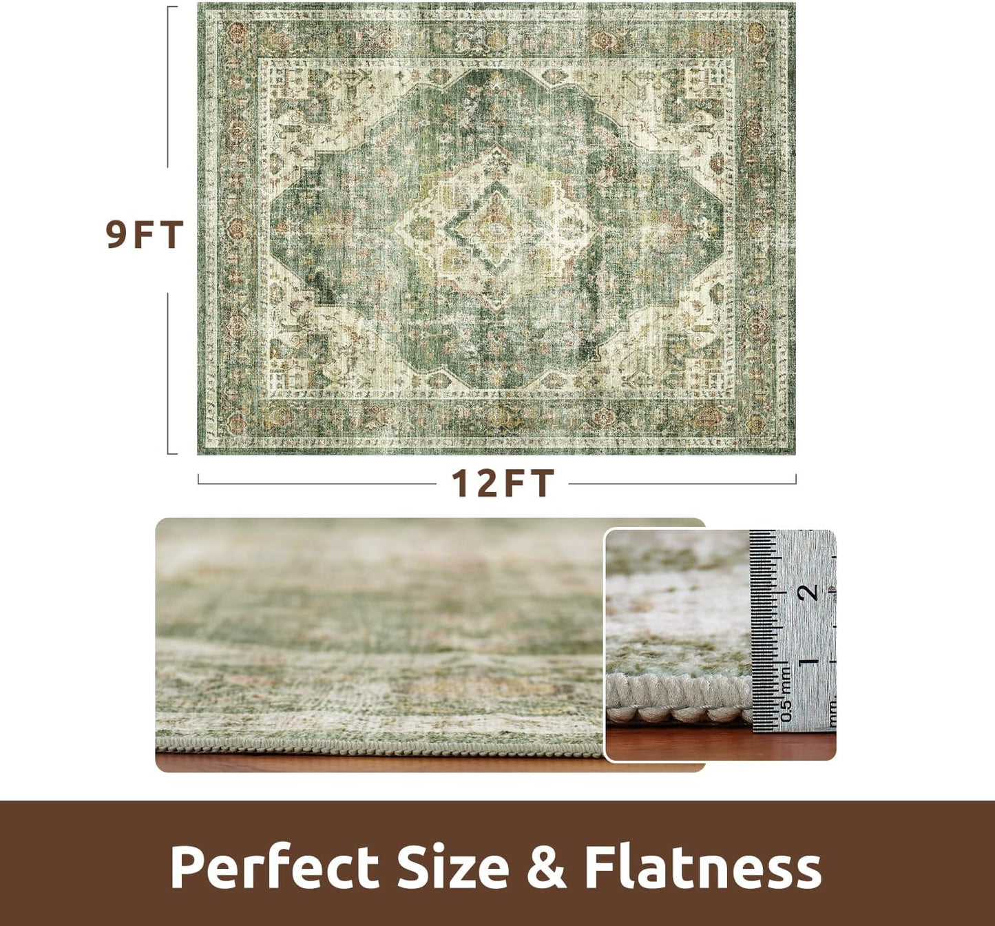 AMOAMI Vintage Soft Green Area Rug - 9x12, Non-Slip, Washable for Living Room, Bedroom, Dining Room, Office