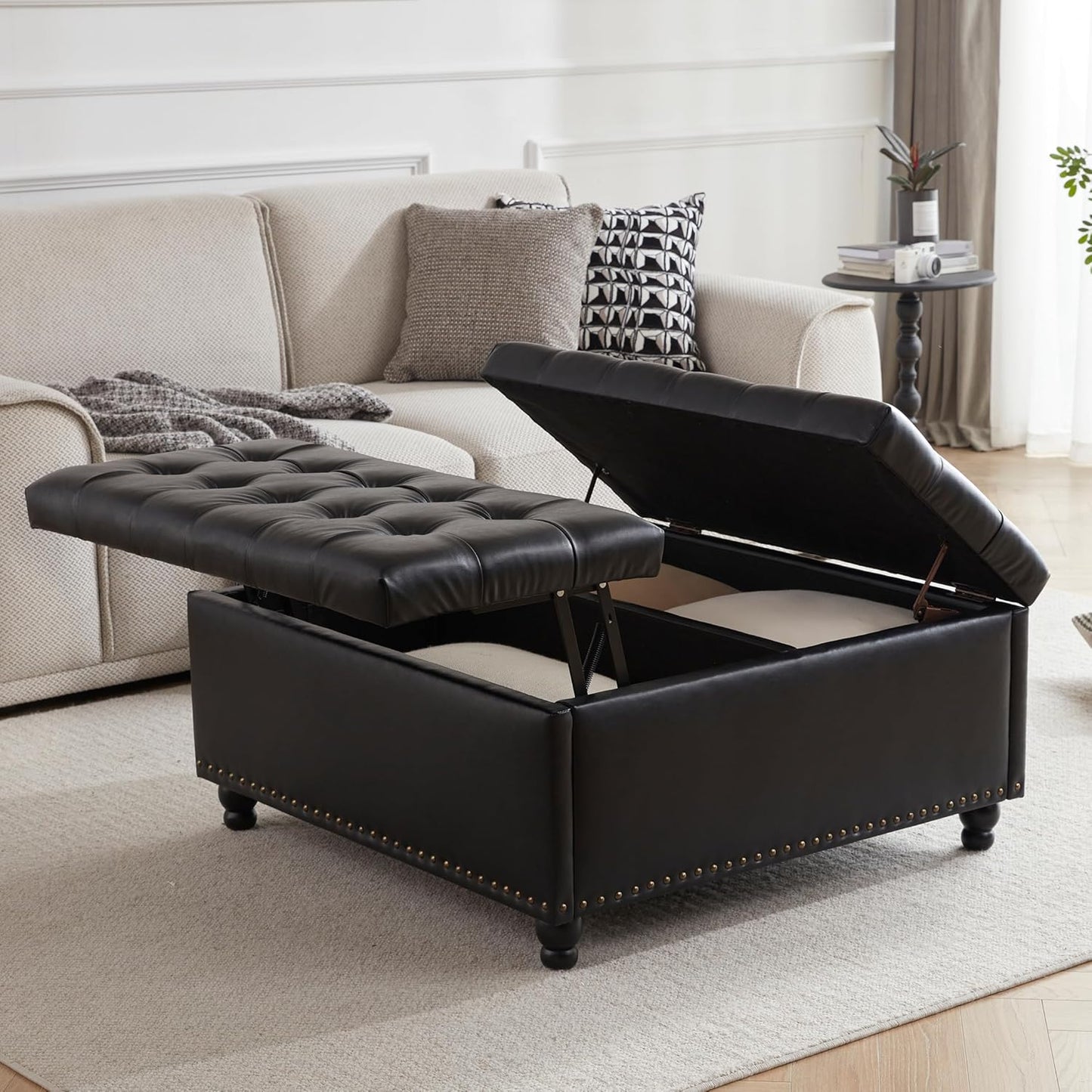 Tbfit Large Square Storage Ottoman Bench, Tufted Upholstered Coffee Table Ottomans with Lift Top & Solid Wood Legs, Oversized Storage Ottomans Toy Box for Living Room (Black)
