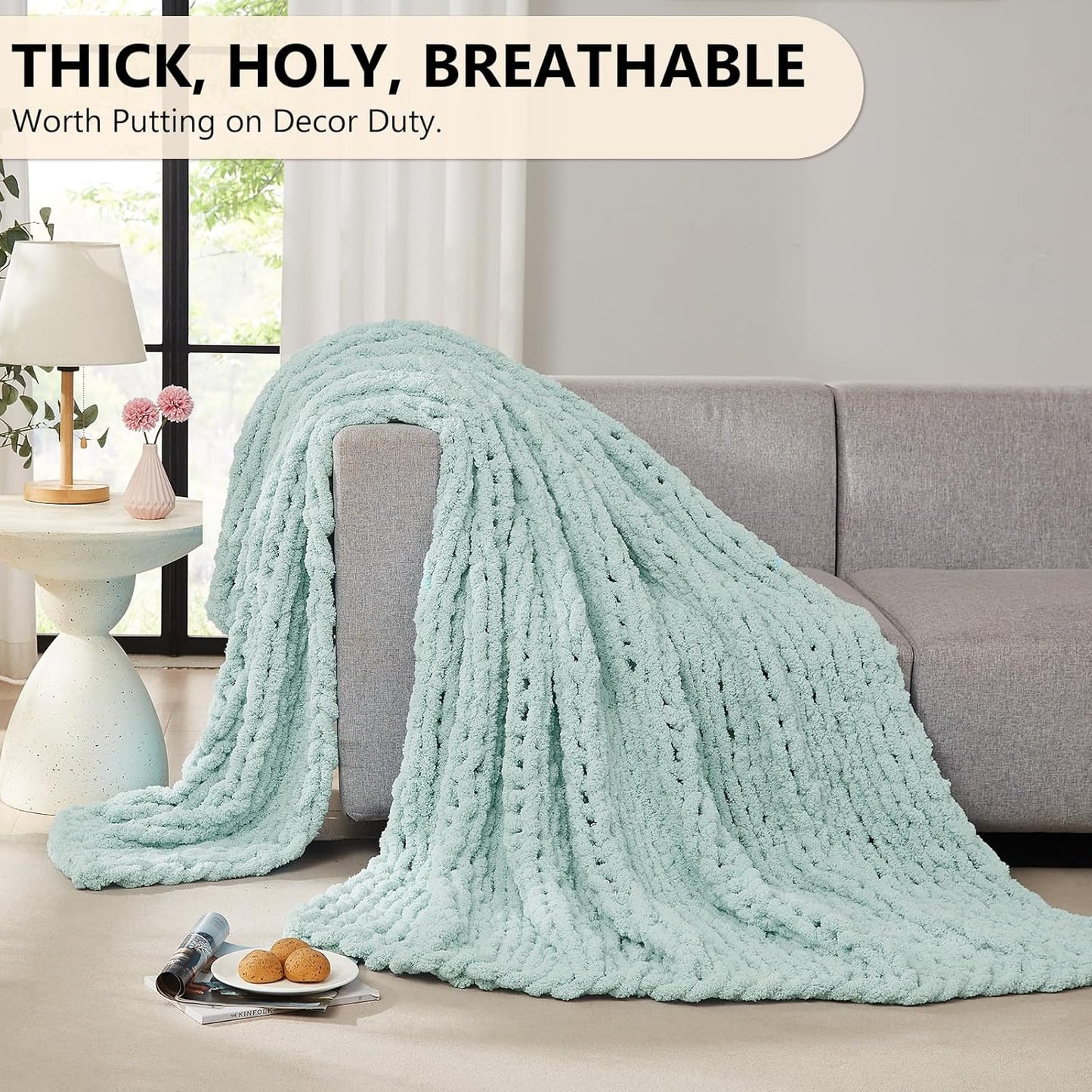 L'AGRATY Chunky Knit Blanket Throw: 60''x80'' Chenille Chunky Knitted Throw Blanket for Bed Couch - Handmade Thick Big Cable Knit Blanket - Large Crochet Rope Blanket for Home Decor(Mint Green)