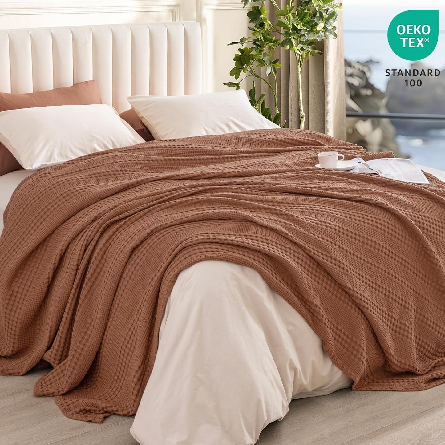 PHF Cooling Waffle Blanket Queen Size,Lightweight 60% Rayon Derived from Bamboo & 40% Cotton Breathable Blanket for Hot Sleepers, Soft and Luxury for Bed Couch and Sofa, 90"x90", Burnt Umber