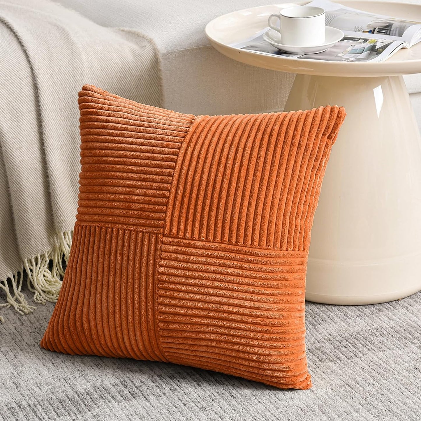 Fancy Homi 2 Packs Orange Euro Decorative Throw Pillow Covers 26x26 Inch for Living Room Couch Bed, Farmhouse Boho Home Decor, Soft Corss Corduroy Patchwork Textured Square Cushion Case 66x66 cm