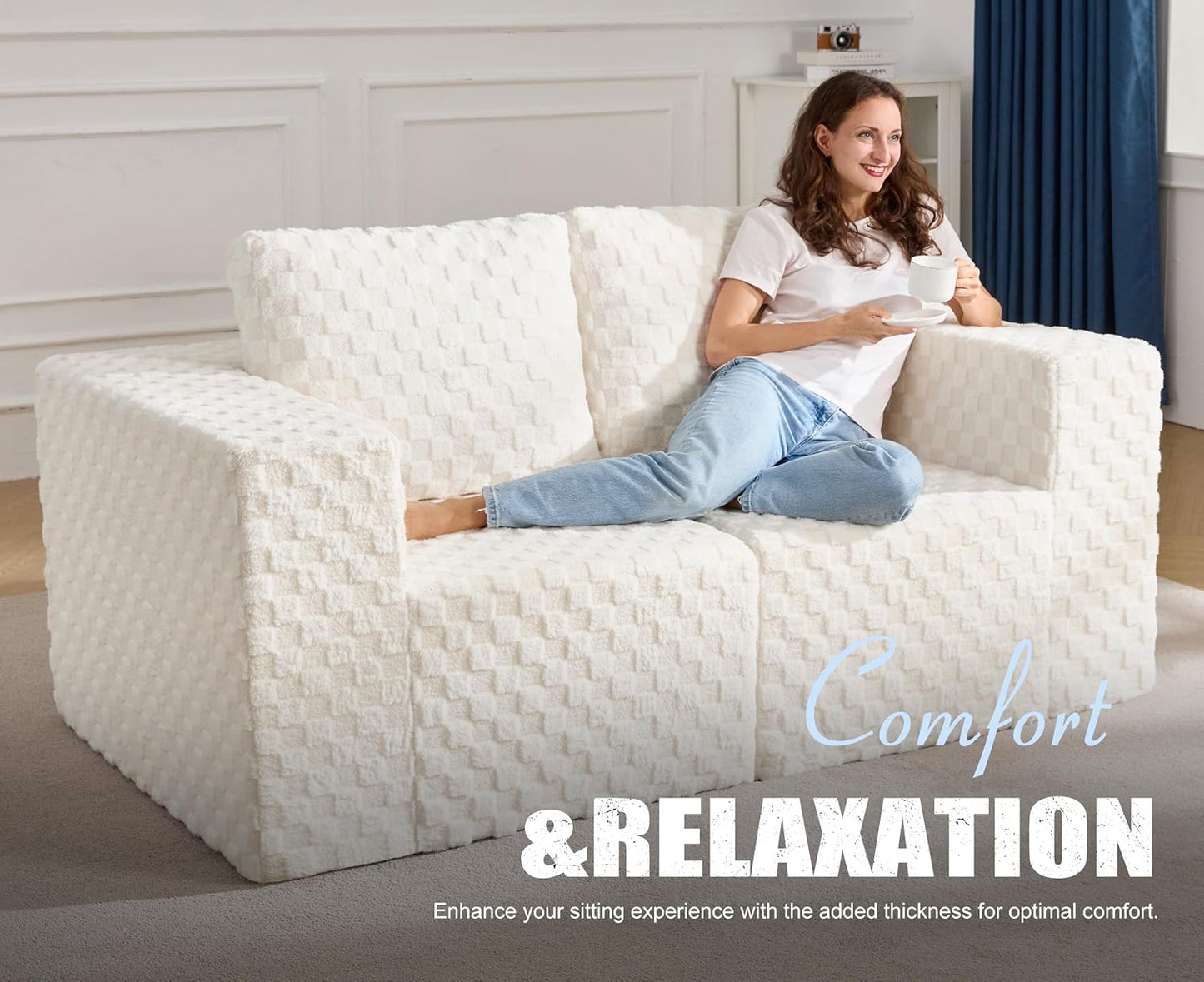 Modular Sectional Sofa 2 Seater Loveseat Modular Couch with Deep Seat Memory Foam Cloud Chair with Pillows Oversized Sectional Sofa for Living Room Bedroom (Plush White, Loveseat)