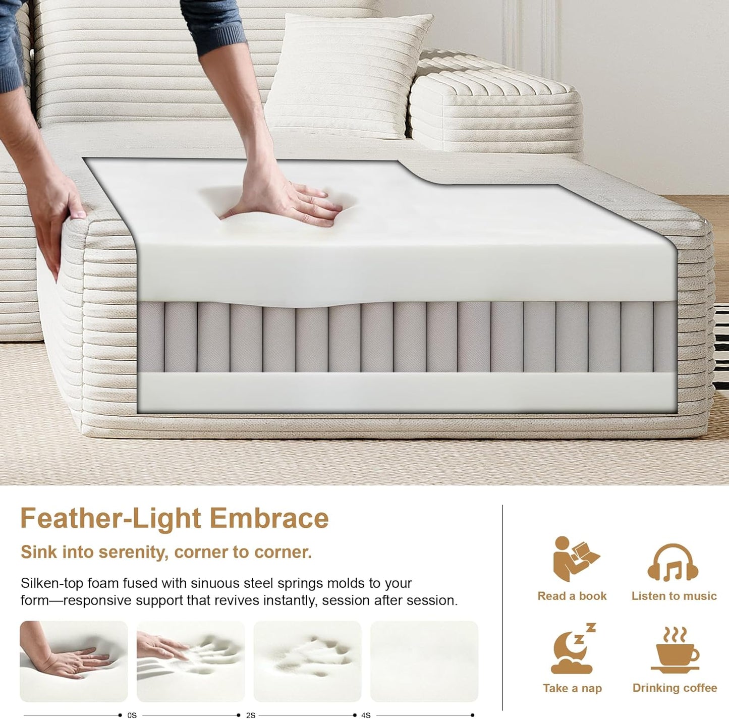 136" Sectional Couches for Living Room Modern Modular Sofa with L-Shape Couchs Upholstered Boneless Couch Deep Seat Sectional Couch with Chaise (White, Right Facing Chaise+3Seaters+Ottoman)