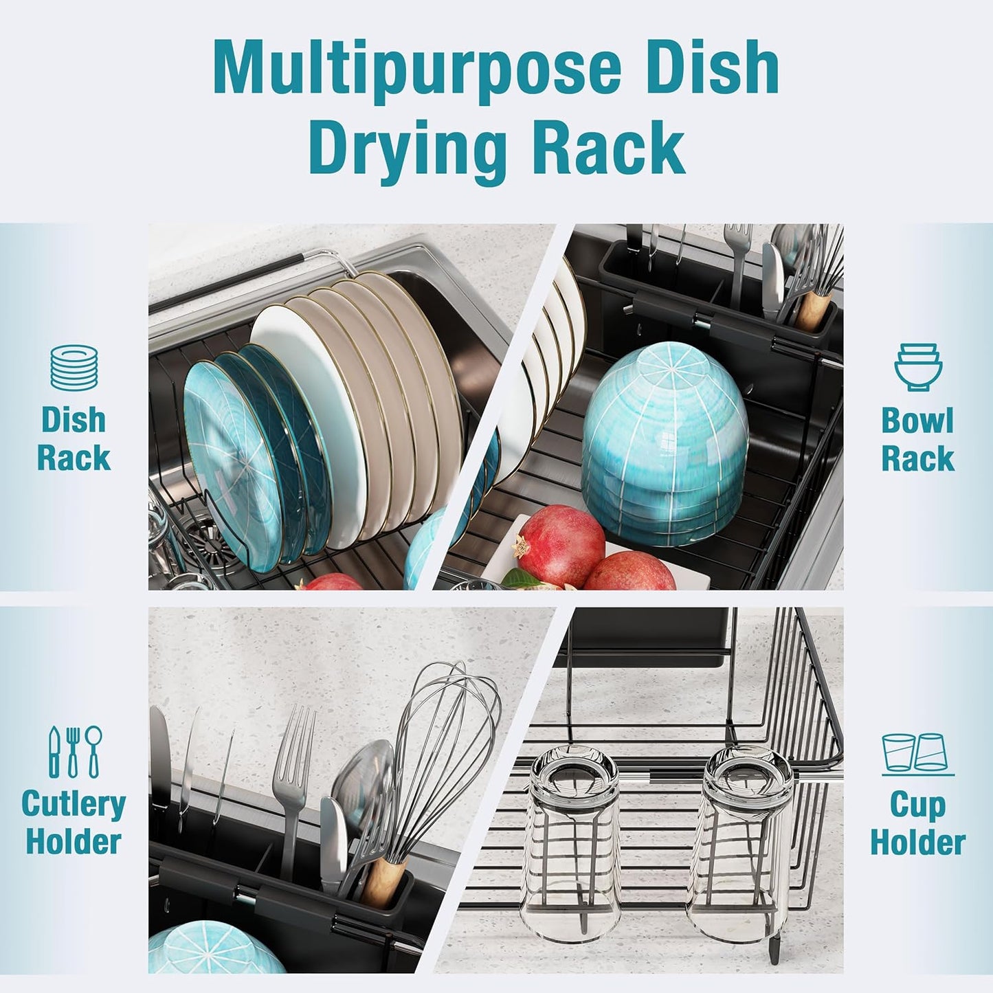 Dish Drying Rack in Sink, Over The Sink Colander Strainer Basket, Stainless Steel Strainer Basket with Expandable Rubber Grip Handles for Vegetables, Fruits, Home Kitchen Essentials, Black