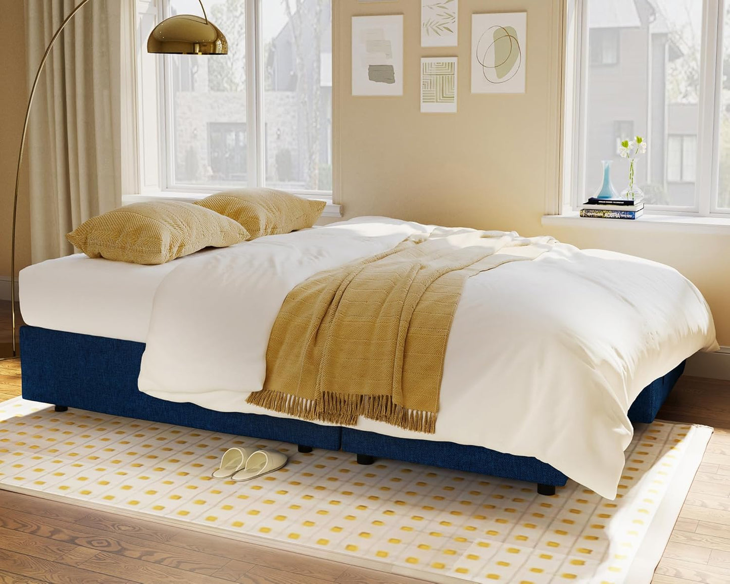 VanAcc Sleeper Sofa - 2 in 1 Pull Out Couch Bed with Storage Chaise for Living Room, Linen Blue