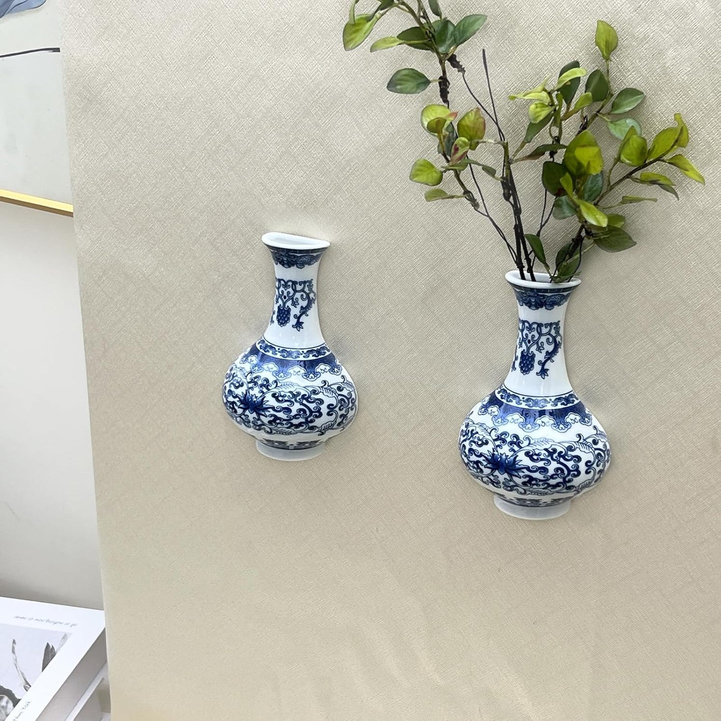 Set of Two Blue and White Porcelain Wall Vases for Flowers – Handmade Chinoiserie Ceramic Wall Mounted Flower Vase, Decorative Hanging Vases for Living Room, Bookshelf & Indoor Décor