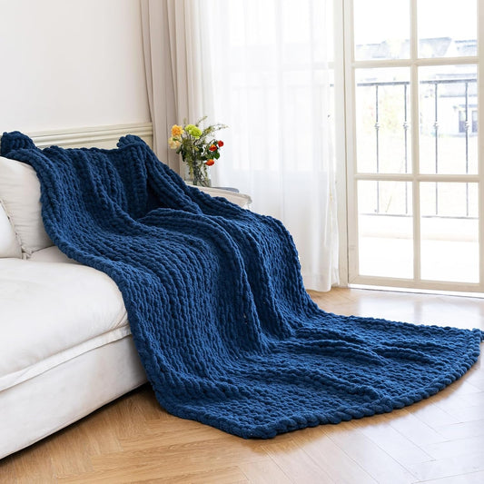 Chunky Knit Blanket - Luxury Soft Cozy 40 * 50 Throw Blanket,100% Woven Blanket Rope Knot Throw Blanket for Couch, Sofa, Home Decor, Gift - Machine Washable（Deep Blue）