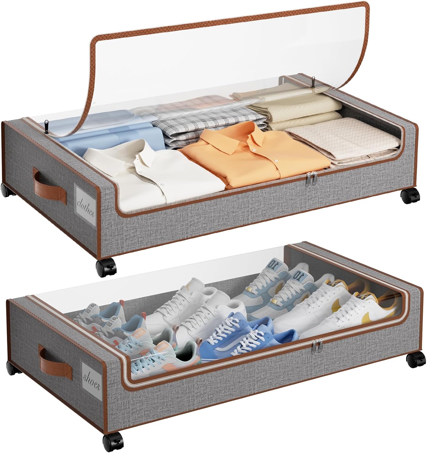 Yecaye Under Bed Storage with Wheels, 2 Pack Under Bed Storage Containers with Clear Lids & Label, XXL Large Lapacity Rolling Under Bed Drawers for Clothes, Shoes, Blankets