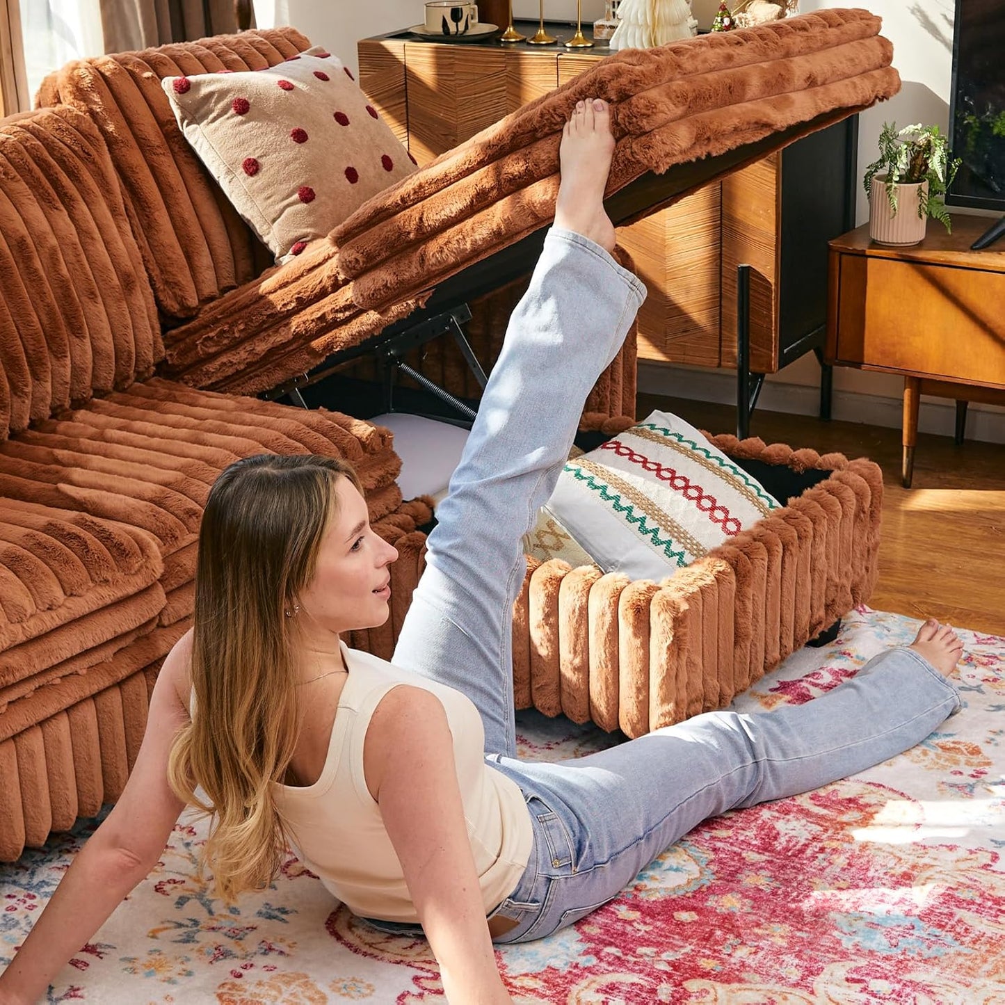 Belffin Corduroy Sleeper Sofa Bed with Storage Chaise Modular Sectional Sofa Couch with Pull Out Bed L Shaped Sectional Couches for Living Room Brick Red Couch