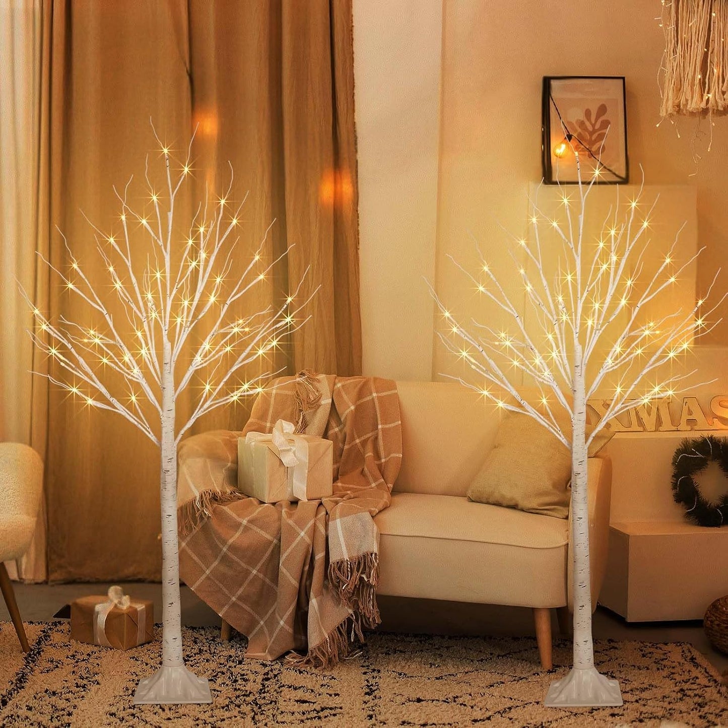 2 Pack 4FT 100LED Christmas Lighted Birch Tree, Timer Function Prelit Artificial Tree Lamp Plug in with Warm White Lights, 2 Modes Twinkling Twig Trees for Indoor Outdoor Party Christmas Decorations