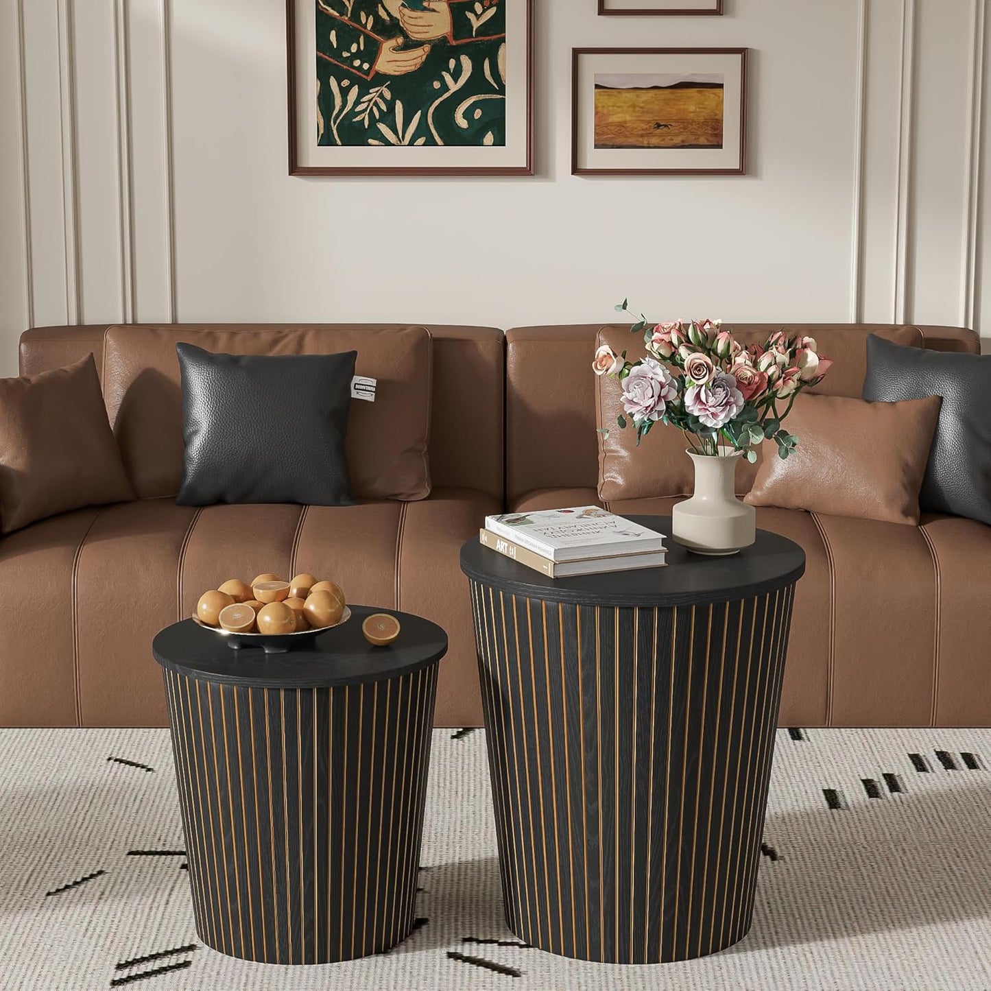 Round Coffee Table Set,2-Piece Modern Farmhouse Living Room End Table Set, Nesting Table Round Natural Finish for Living Room (Black, 17.72'')