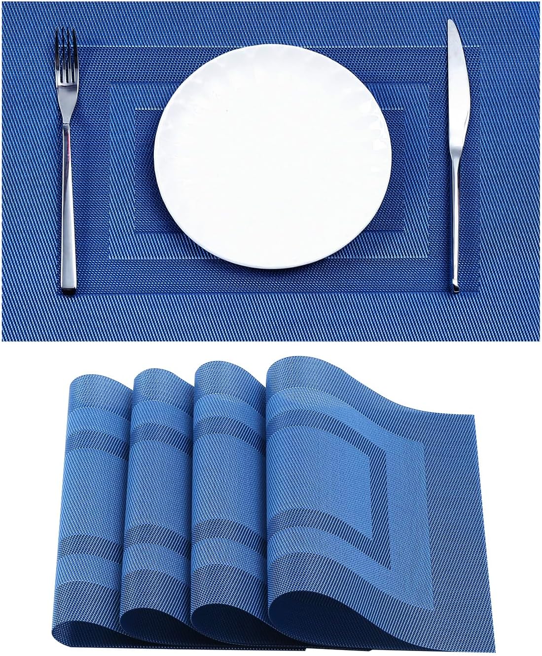 Leetaltree Blue Frame Placemats Set of 4 - Heat Resistant Non-Slip Place mats for Dining Table, Washable Durable PVC Vinyl Woven Table Mats（Blue Frame, 4）
