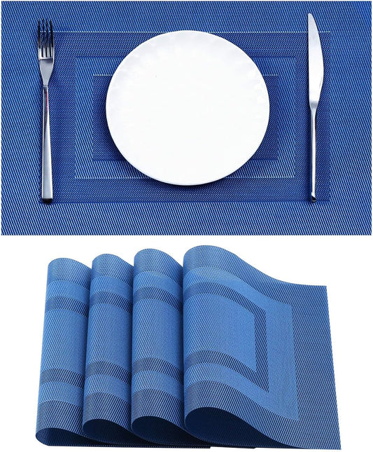 Leetaltree Blue Frame Placemats Set of 4 - Heat Resistant Non-Slip Place mats for Dining Table, Washable Durable PVC Vinyl Woven Table Mats（Blue Frame, 4）