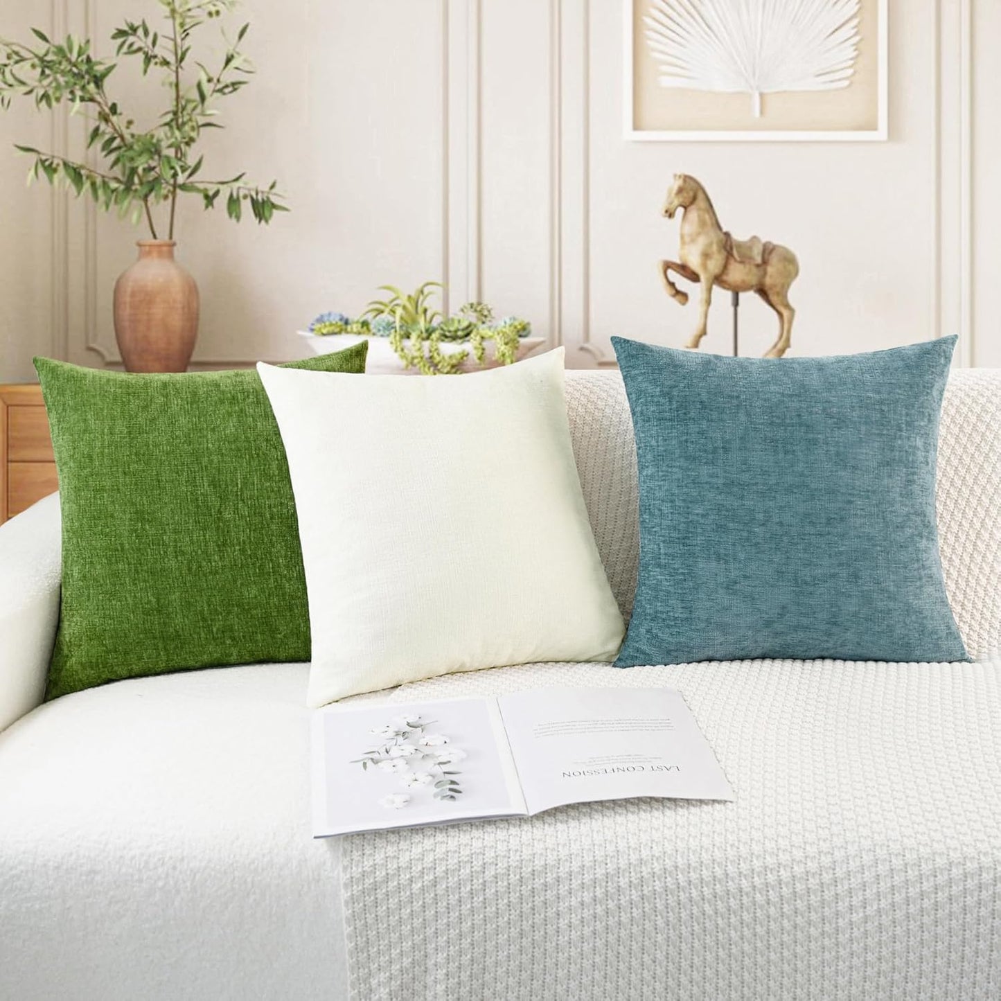 CaliTime Throw Pillow Covers Decorative 22 X 22 Inches Pack of 2 Cozy Chenille Cushion Cases for Couch Sofa Bed Living Room Home Cream