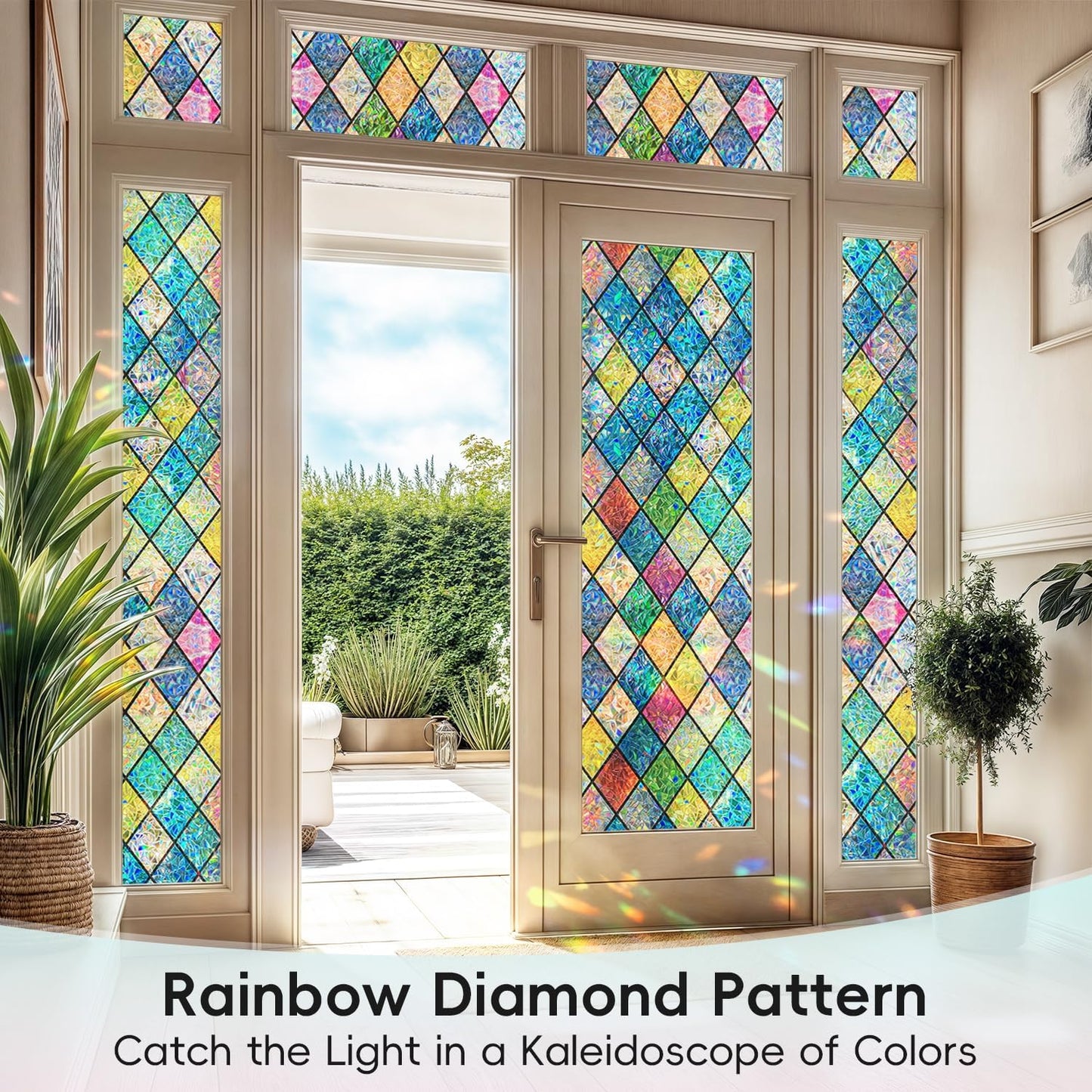 DUOFIRE Stained Glass Window Film Decorative Window Privacy Film Rainbow Diamond Grid Colorful Lattice Windows Cling Anti UV Static Cling Reusable Windows Decal for Home 11.8×39.3 inch