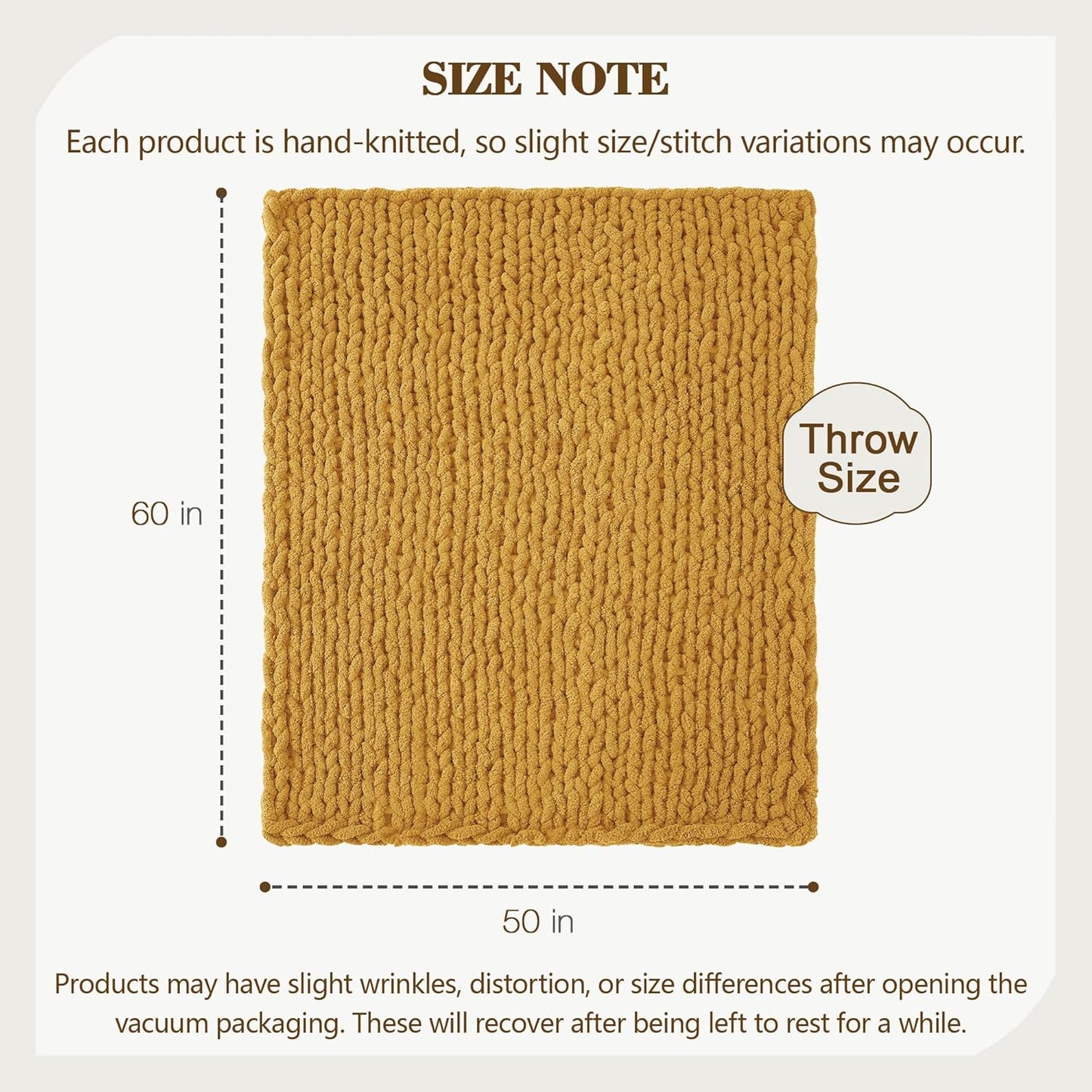 Carriediosa Chunky Knit Throw Blanket 50" X 60", 100% Hand Made Large Chenille Loop Yarn Soft Fluffy Throws for Couch Sofa Bed, Big Crochet Cozy Heavy Thick Cable Woven Blanket, Yellow