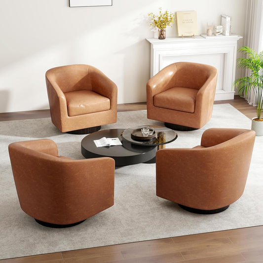Swivel Barrel Accent Chair, Modern Round Faux Leather Arm Chair for Living Room, Bedroom, Comfy Club Reading Chairs for Adults(Faux Leather, Brown, Set of 4)