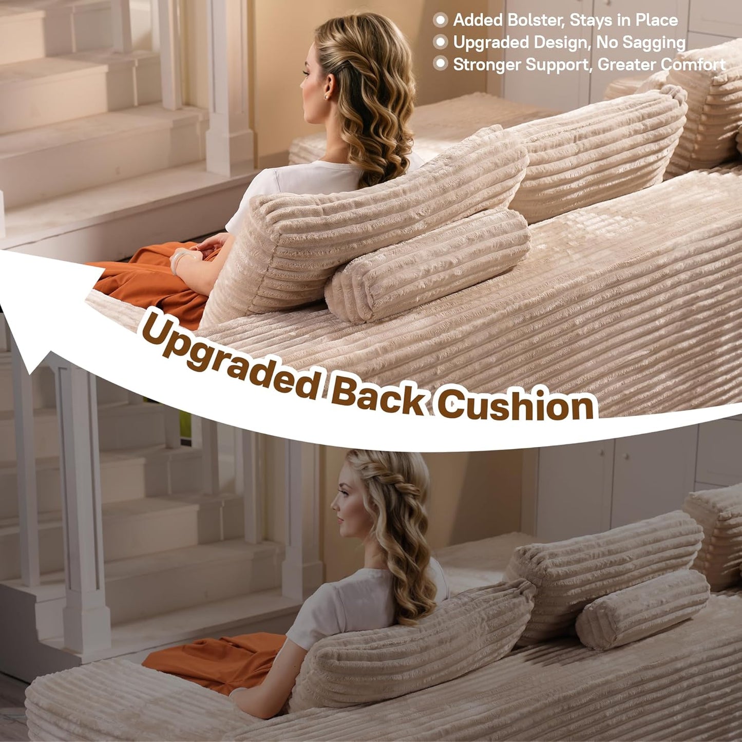 104" Cloud Sectional Couches for Living Room,L Shaped Boneless Couch in A Box,Sleeper Sofa with Comfy Chaise No Assembly Required,Beige