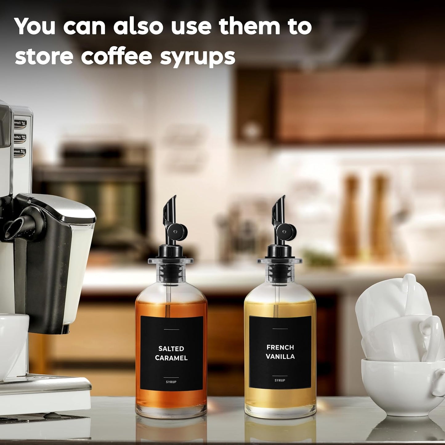 Olive Oil Dispenser Bottle - Includes 55 Kitchen Essential Labels - Cooking Oil Bottles for Kitchen, Coffee Syrup Dispenser - Pourer Spout with 11.8 fl oz Glass Container Cruet - 2pcs, Black