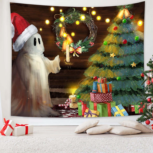 QGHOT Christmas Tapestry Wall Hanging Christmas Tree Backdrop Cute Ghost Wall Decor Xmas Holiday Tapestries for Kids Bedroom Living Room Dorm Party Decoration, Large