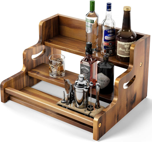 Tinamo Acacia Wood Liquor Bottle Display Shelf – 3-Tier Countertop Wine Rack, Bar Shelf – Whiskey Bar Stand for Home, Bottle Organizer for Countertop, Man Cave Decor – Wine Holder with Handles