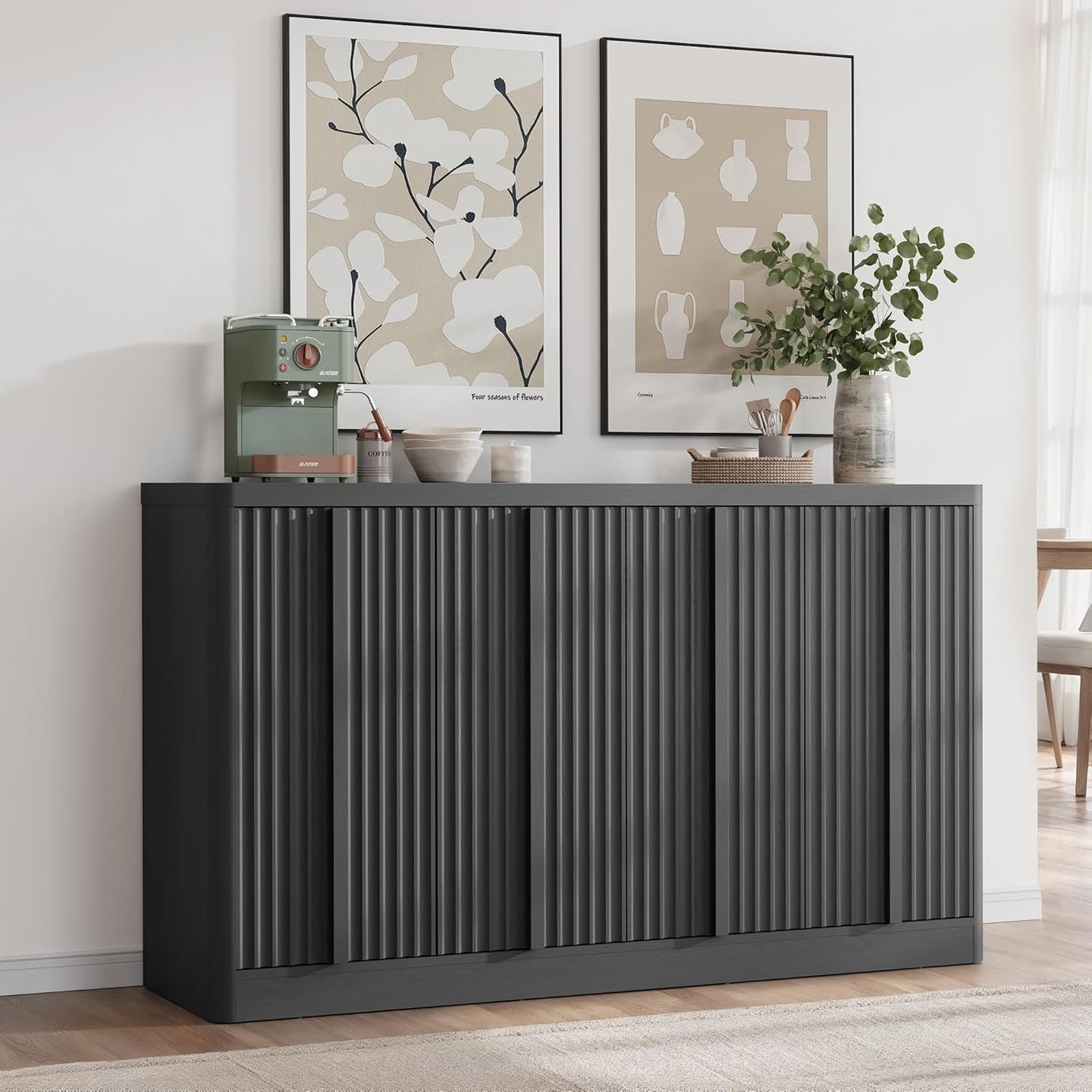 Fluted Buffet Cabinet with Storage, 60" Sideboard Buffet Storage Cabinet with 4 Doors & Adjustable Shelves, Wood Coffee Bar Credenza Accent Cabinet for Kitchen, Dining Room, Living Room, Black(1PCS)
