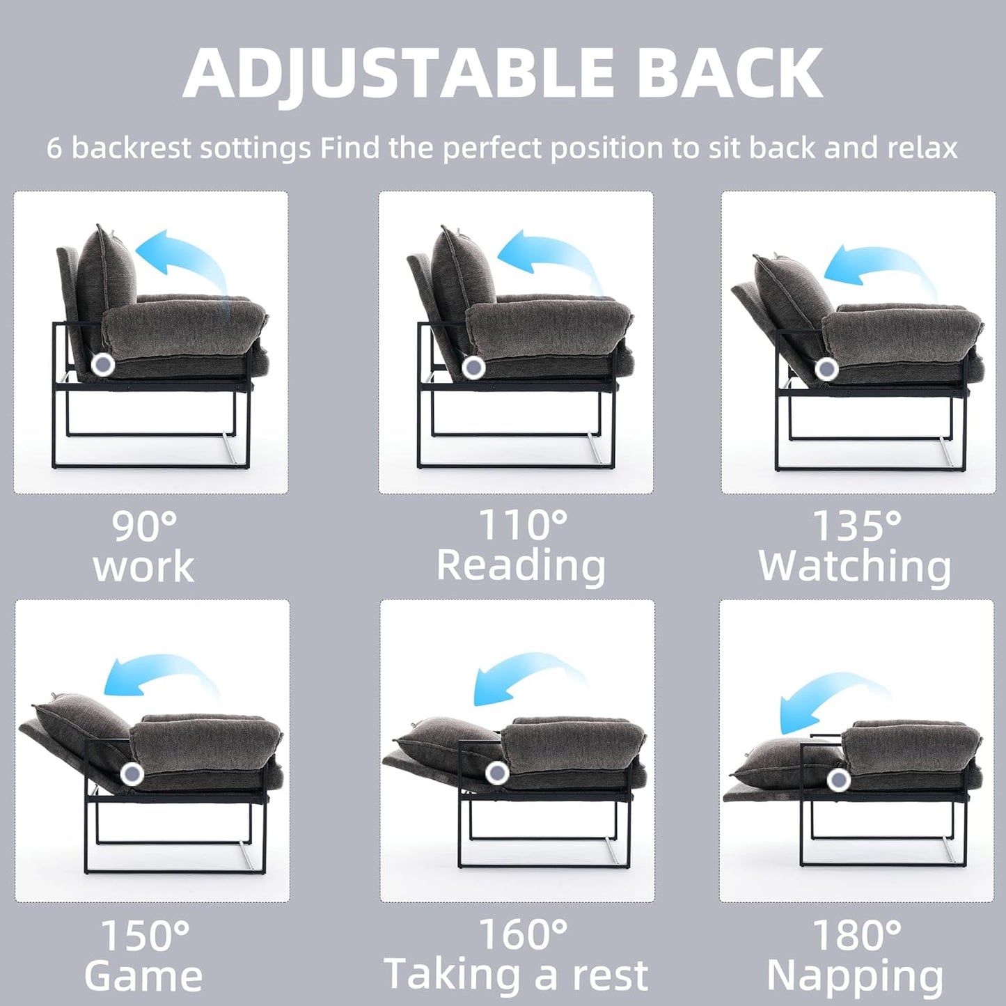 YISHENG Accent Chair with 6-Angle Adjustable Backrest, Chenille Fabric Living Room Chair Upholstered Lounge Chair, Modern Chair Cozy Reclining Chair for Reading Room, Set of 2 Gray