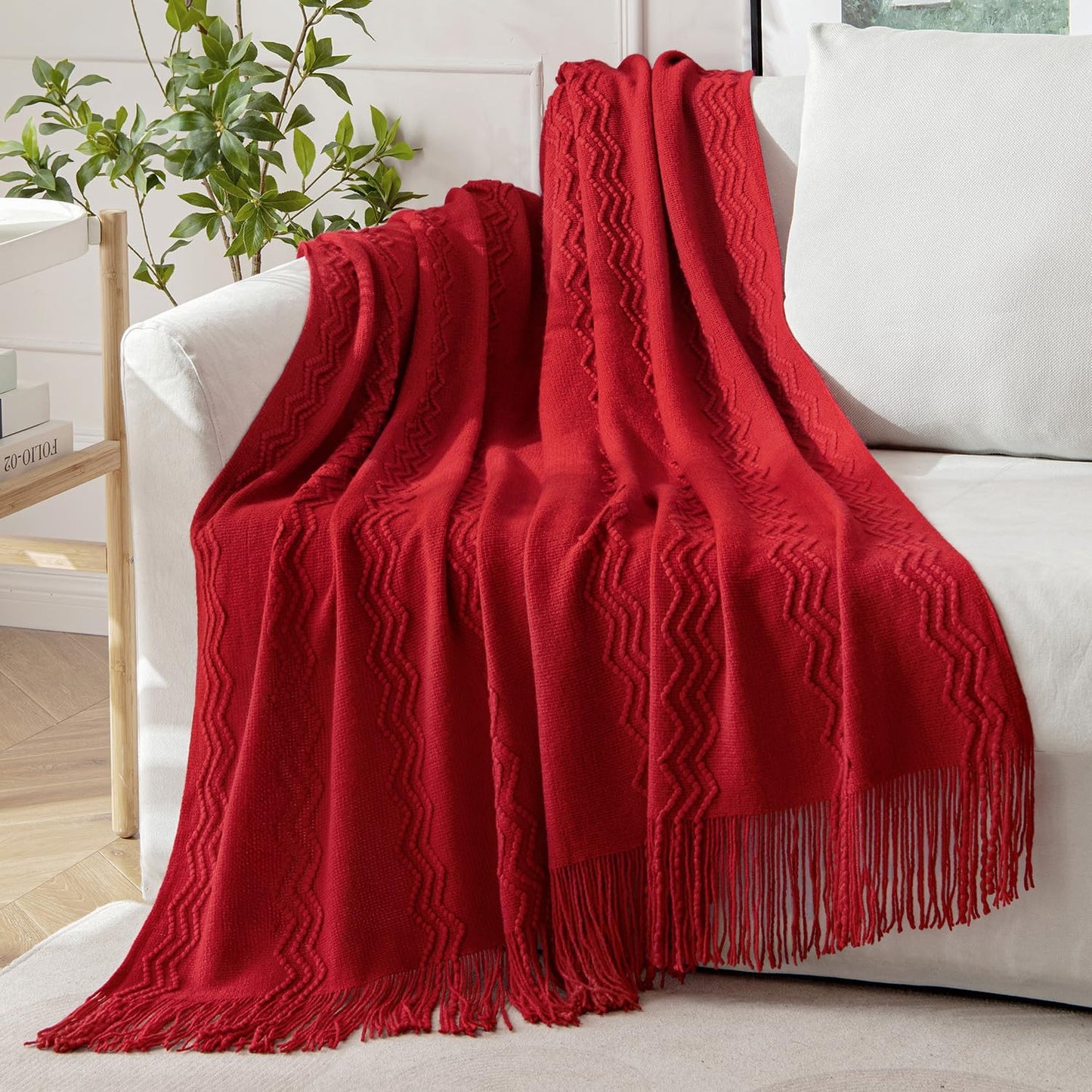 MIULEE Red Knitted Throw Blanket for Couch Boho Textured Cozy Woven Blanket with Tassels for Sofa Chair Bed Living Room Acrylic Wave Pattern 60"x80"