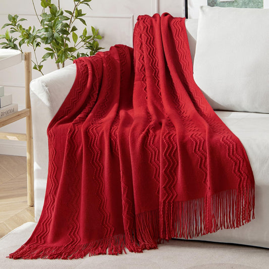 MIULEE Red Knitted Throw Blanket for Couch Boho Textured Cozy Woven Blanket with Tassels for Sofa Chair Bed Living Room Acrylic Wave Pattern 60"x80"
