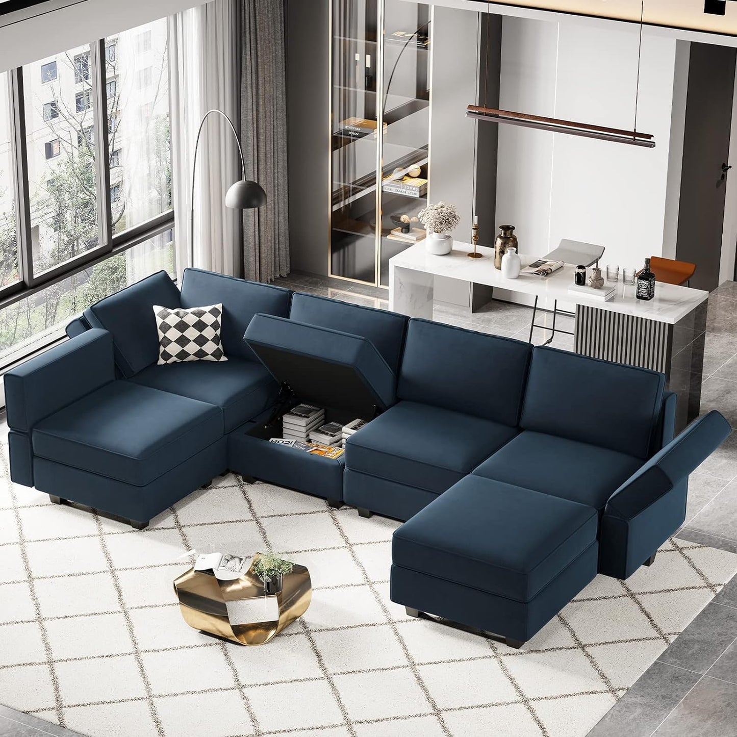 Belffin Modular Velvet Sectional Sofa with Chaise Lounge Sectional Sleeper Sofa with Storage Chaise Bed Couch for Living Room Blue