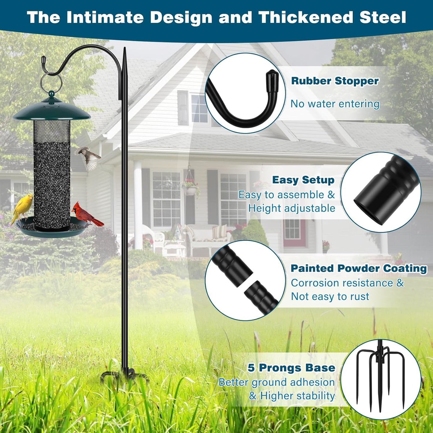 Gtongoko 63 Inch Shepherds Hooks for Outdoor with 5 Prongs Base, Adjustable Bird Feeder Pole Garden Hooks for Hanging Lanterns, Plants Baskets, Hummingbird Feeders, 1 Pack