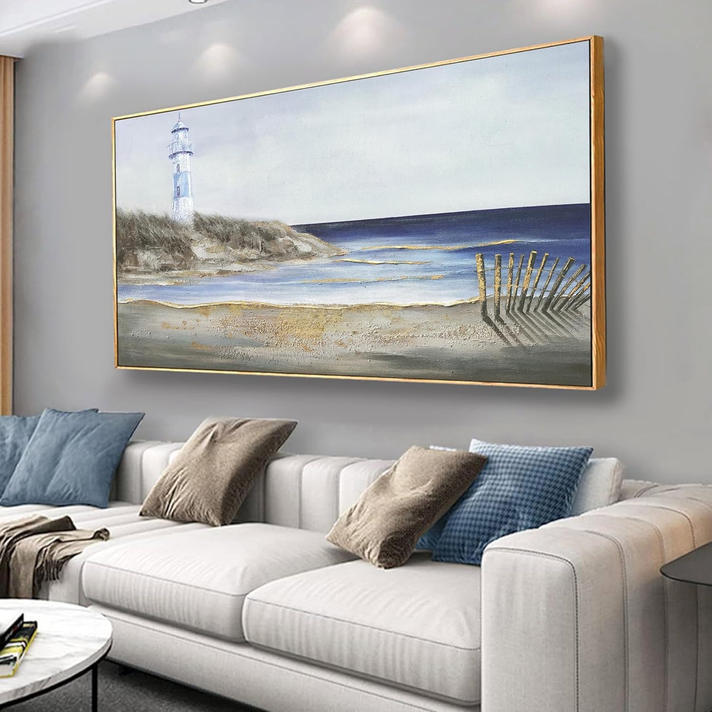 Yuaxker Coastal Wall Art Framed Wall Decor Blue and White Lighthouse Canvas Painting Modern Wall Hanging Artwork for Living Room Bedroom Dining Room Office Home Decor 20x40 Inch