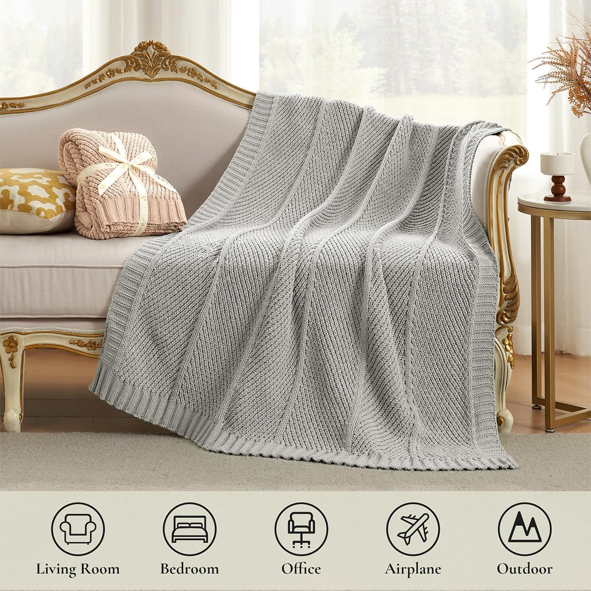 Amélie Home Chenille Knit Throw Blanket for Couch, Chevron Texture Decorative Soft Blanket for Sofa, Bed & Chair, 50"x60", Light Grey