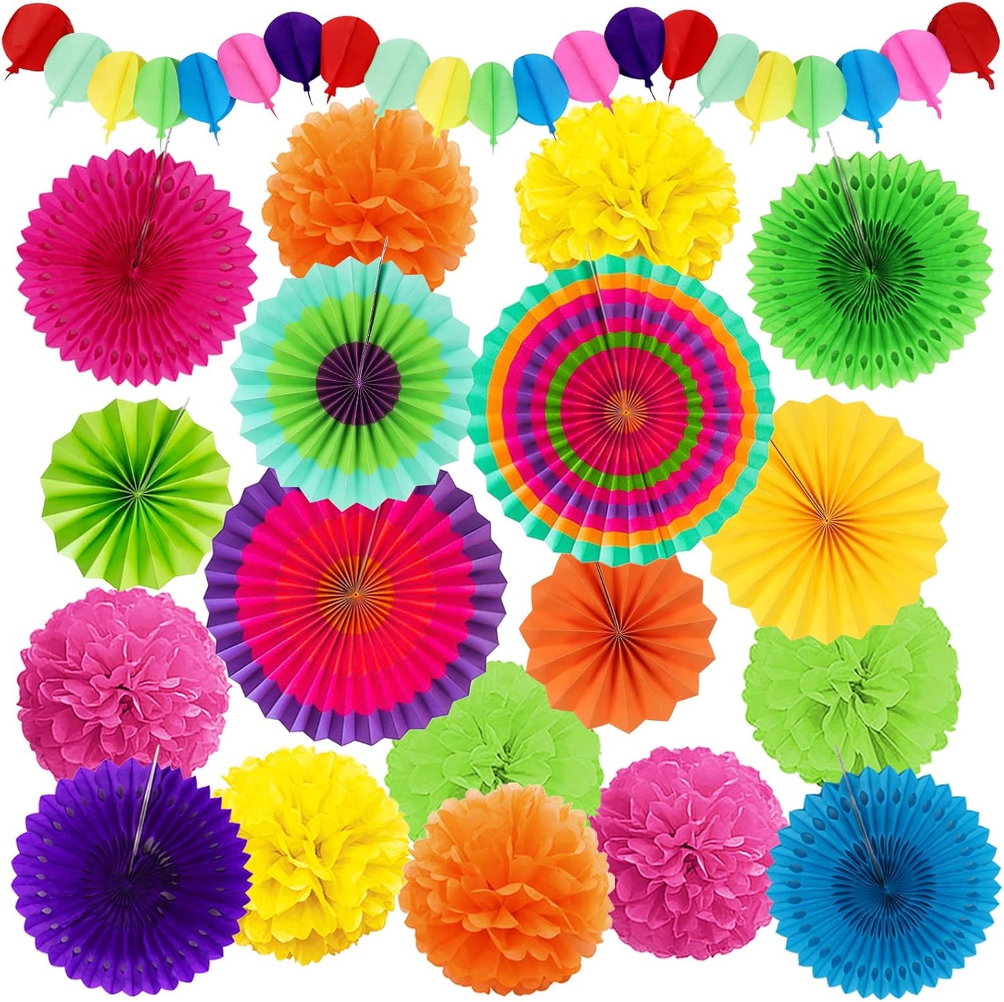 Fiesta Party Decorations, Multicolored Paper Pompoms Fan Garlands for Mexican Party Cinco De Mayo Luau Event Birthday Holi Decorations Colorful Rainbow Party Supplies