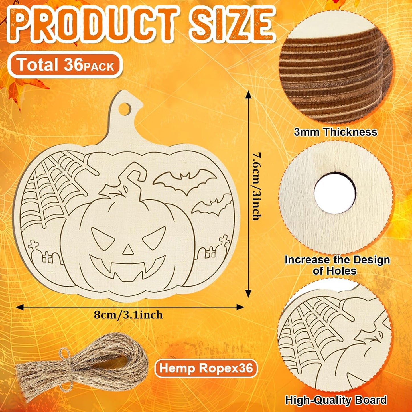 36PCS Wooden Pumpkins Ornaments to Paint Halloween Thanksgiving Decoration Cutouts Unfinished 3.5 inches, DIY Blank Unfinished Pumpkin Ornament for Home Harvest Crafts Hanging Autumn Decor（6Style）