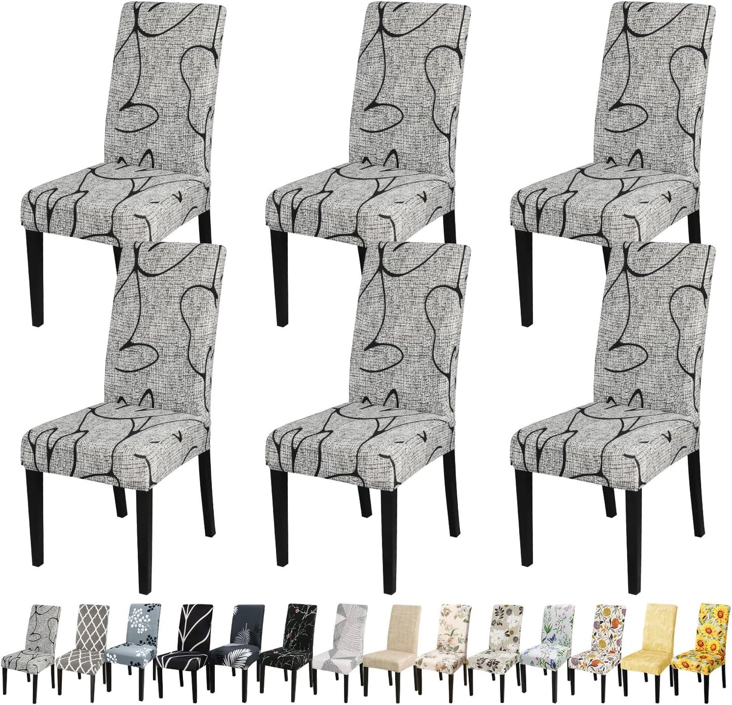 JQinHome Pattern Chair Covers for Dining Room Set of 6, High Stretch Removable Washable Parsons Chair Slipcover for Home Party Hotel Wedding Ceremony (6PCS, Lotus Gray)
