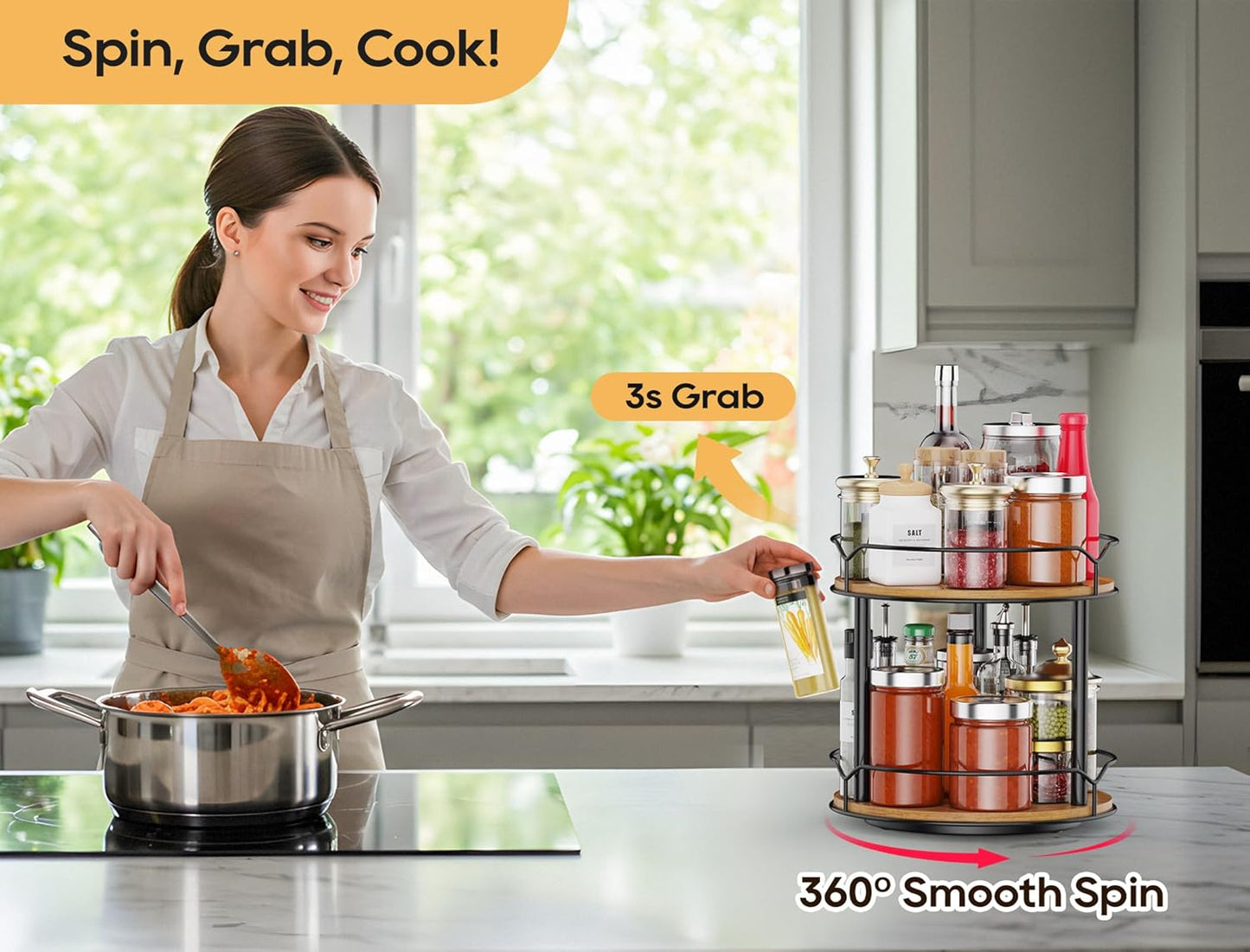 Lazy Susan Organizer 2 Tier - Turntable Spice Rack for Table Top, Wooden Rotating Lazy Susan for Cabinet Pantry Kitchen Countertop Dining Table Cupboard Bathroom Vanity Storage