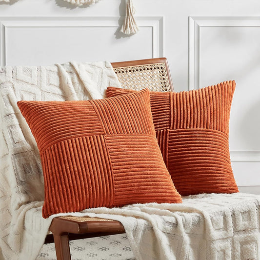 Fancy Homi Set of 2 Burnt Orange Decorative Throw Pillow Covers 26x26 Inch for Living Room Couch Bed, Boho Farmhouse Fall Home Decor, Soft Corss Corduroy Patchwork Textured Cushion Case 66x66 cm