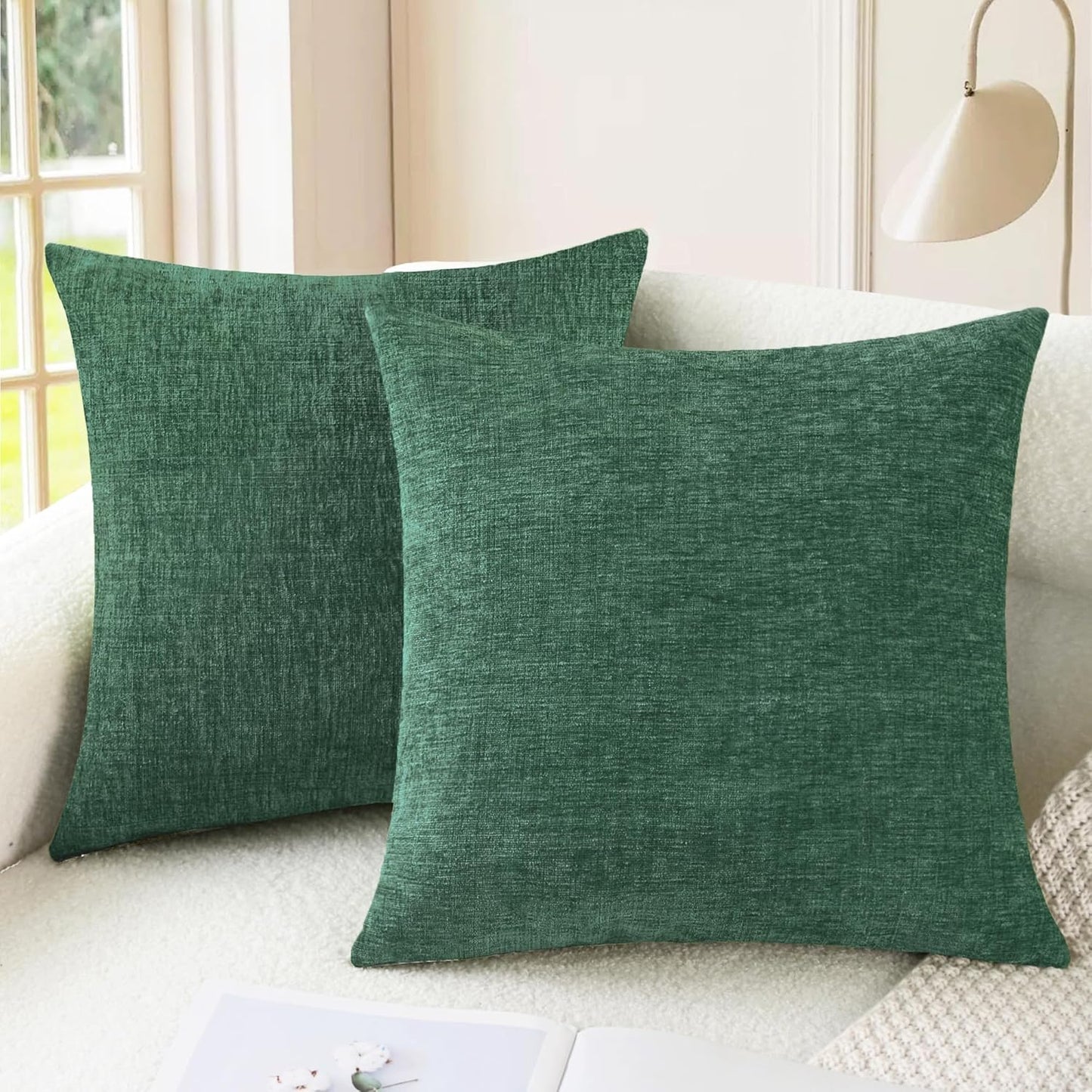 CaliTime Throw Pillow Covers Decorative 20 X 20 Inches Pack of 2 Cozy Chenille Cushion Cases for Couch Sofa Bed Living Room Home Dark Green