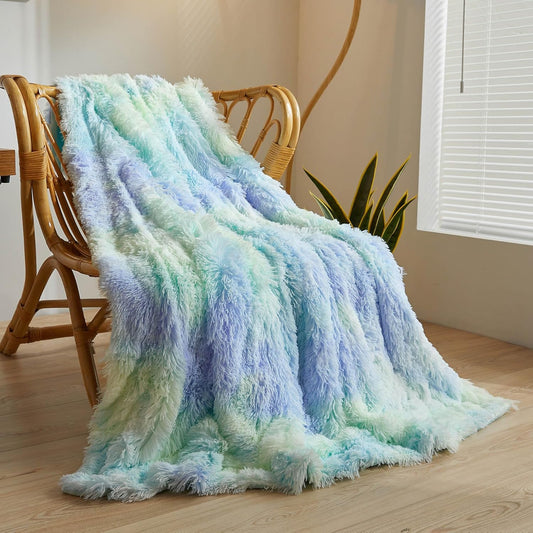 XeGe Plush Faux Fur Rainbow Throw Blanket, Tie Dye 50x60 Shaggy Furry Blanket Throw, Fluffy Microfiber Velvet Couch Blanket, Soft Colorful Fuzzy Lap Blanket for Girls Teens Women Kid Rainbow Blue