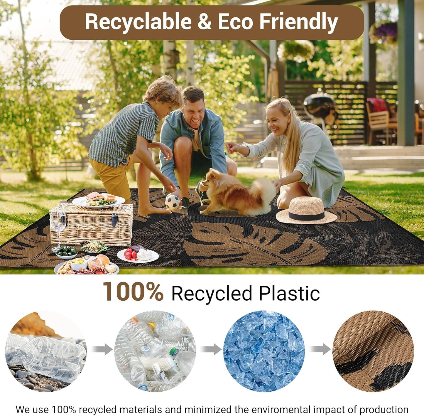 GAOMON Outdoor Patio Rug 9x18 Waterproof Outdoor Plastic Straw Rug Reversible Camping Mat, Foldable Portable RV Picnic Carpet with Bag & 4 Stakes, UV Resistant Outside Carpet for Deck Balcony, Brown