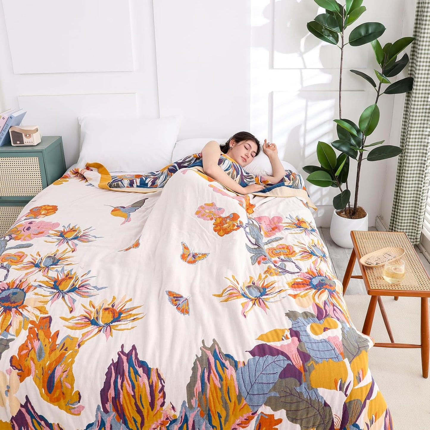 Snycler Boho Throw Blanket for Bed - 100% Cotton Ultra Soft Rustic Quilt - Watercolour Floral Printed Farmhouse Decor Bed Fall Blankets,80"×90" All Season Rustic Throw for Sofa Couch Chair