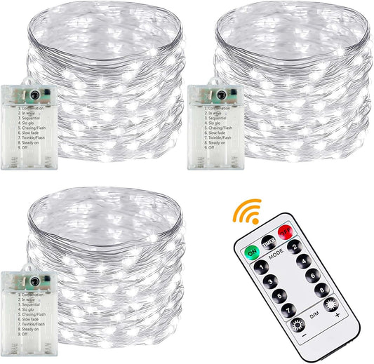3 Pack Fairy Lights Battery Operated with Remote Control Timer, 26 FT 80 LED String Lights Outdoor Indoor, 8 Mode Twinkle Lights for Christmas Party Wedding Birthday Bedroom Décor (Cool White)