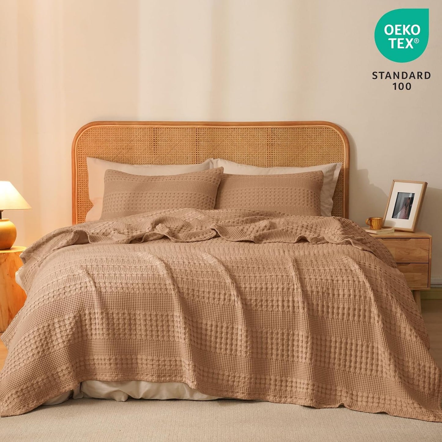 PHF 100% Cotton Waffle Weave Blanket Queen Size, Soft Lightweight Breathable Cozy Summer Blankets for Bed, Luxury Aesthetic Woven Bedding for Home Decor, 90"x90", Camel