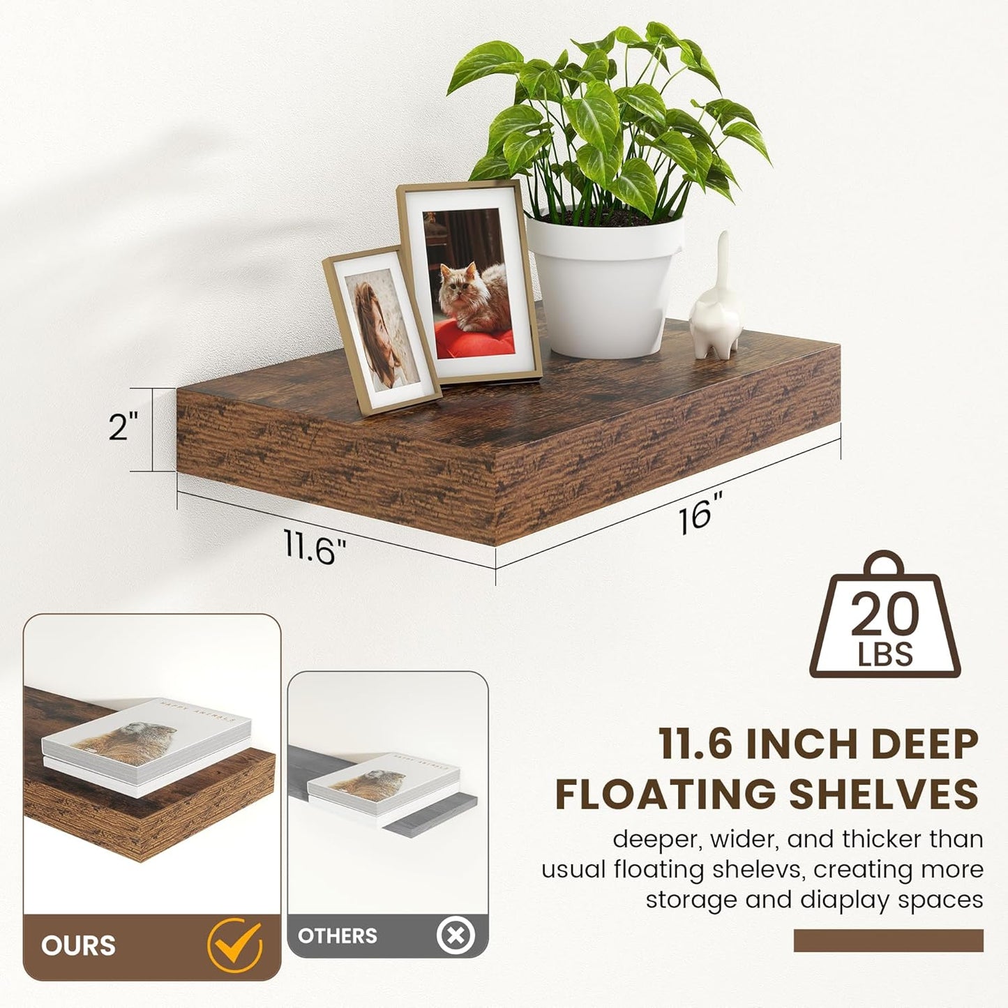 Deep Floating Shelves for Wall | 16 Inch Wide x 12 Inch Deep Floating Shelves Set of 2 | Rustic Wood Wide Wall Shelves | Bookshelf Laundry Shelf TV Shelf