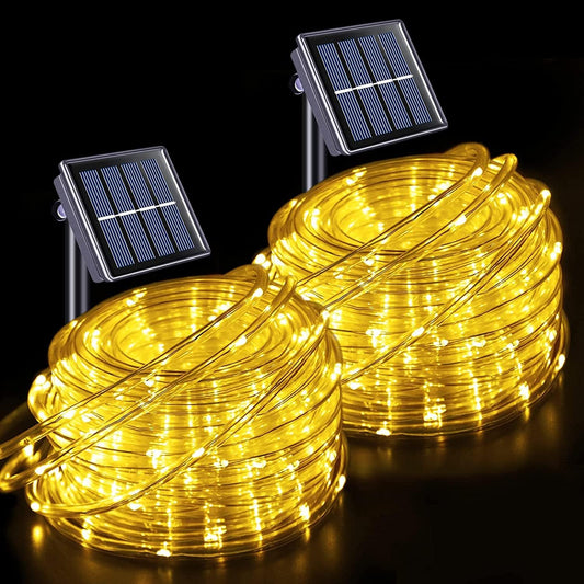 JMEXSUSS 2 Pack 100 LED Solar Rope Lights,33ft 8 Modes Solar Rope Lights Outdoor Waterproof LED Solar Powered Rope Tube for Trampoline,Fence,Gazebo,Yard,Walkway,Path(Warm White)