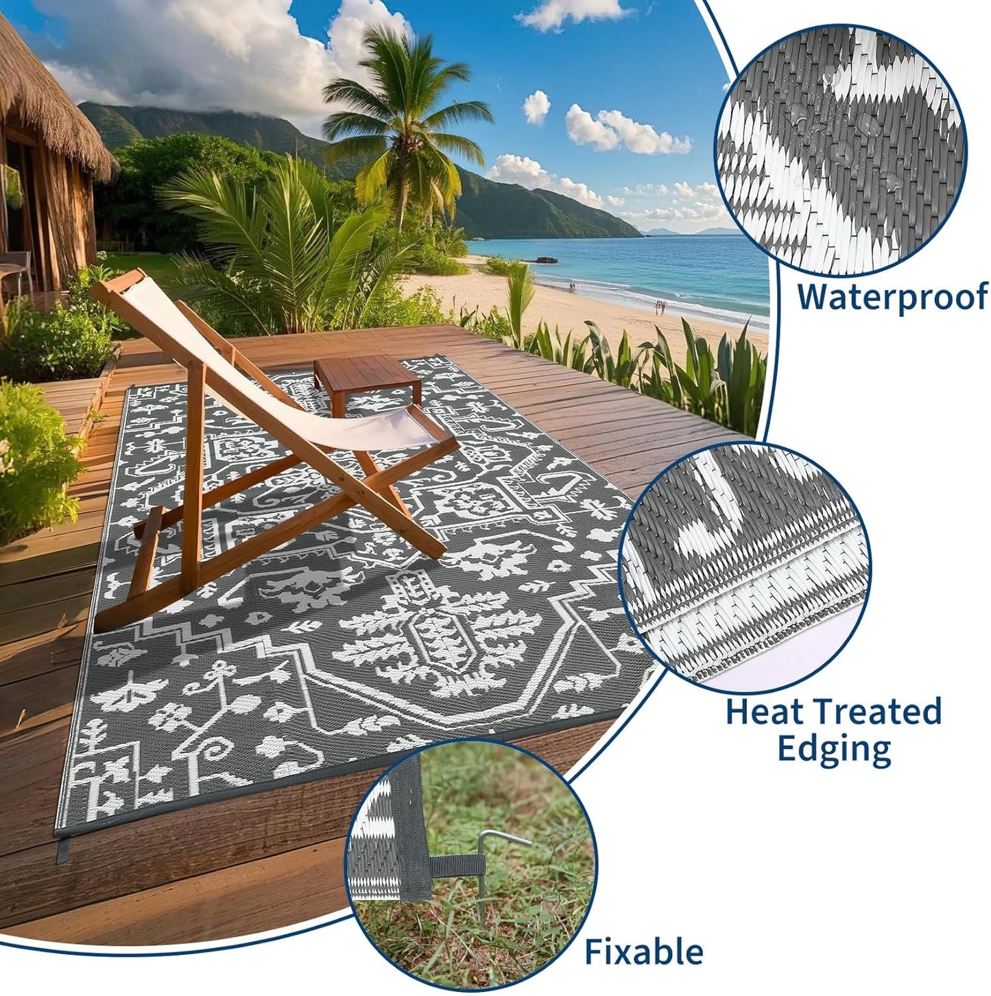 Waterproof Outdoor Rug 9x18 Reversible Plastic Straw Patio Rug, Stain-Resistant Vintage Medallion Carpet, Large Indoor Outdoor RV Mat for Deck, Camping, Balcony, Grey White