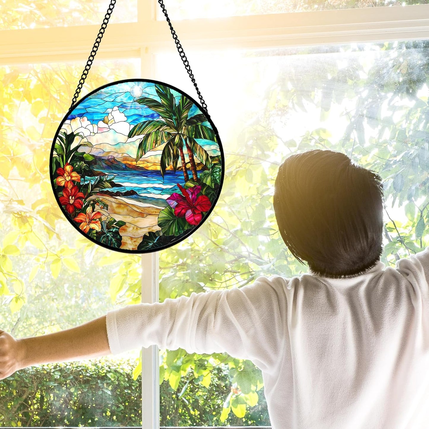 Stained Glass Window Hanging, Blue Beach Scenery Suncatcher Diamond Glass Panel Hangings Sun Catchers Decor for Birthday for Women, Men, Wife, Aunt, and Mom 7.8 in