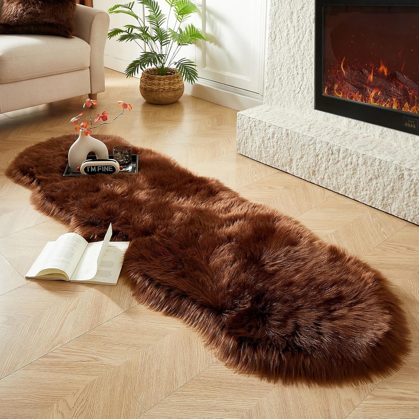 AMTOVO Faux Sheepskin Rug, Coffee Ultra Soft Fluffy Shag Area Rug, 2 x 6 ft Faux Fur Rug for Bedroom Sofa Throw Cushion Room Decor, Sheepskin
